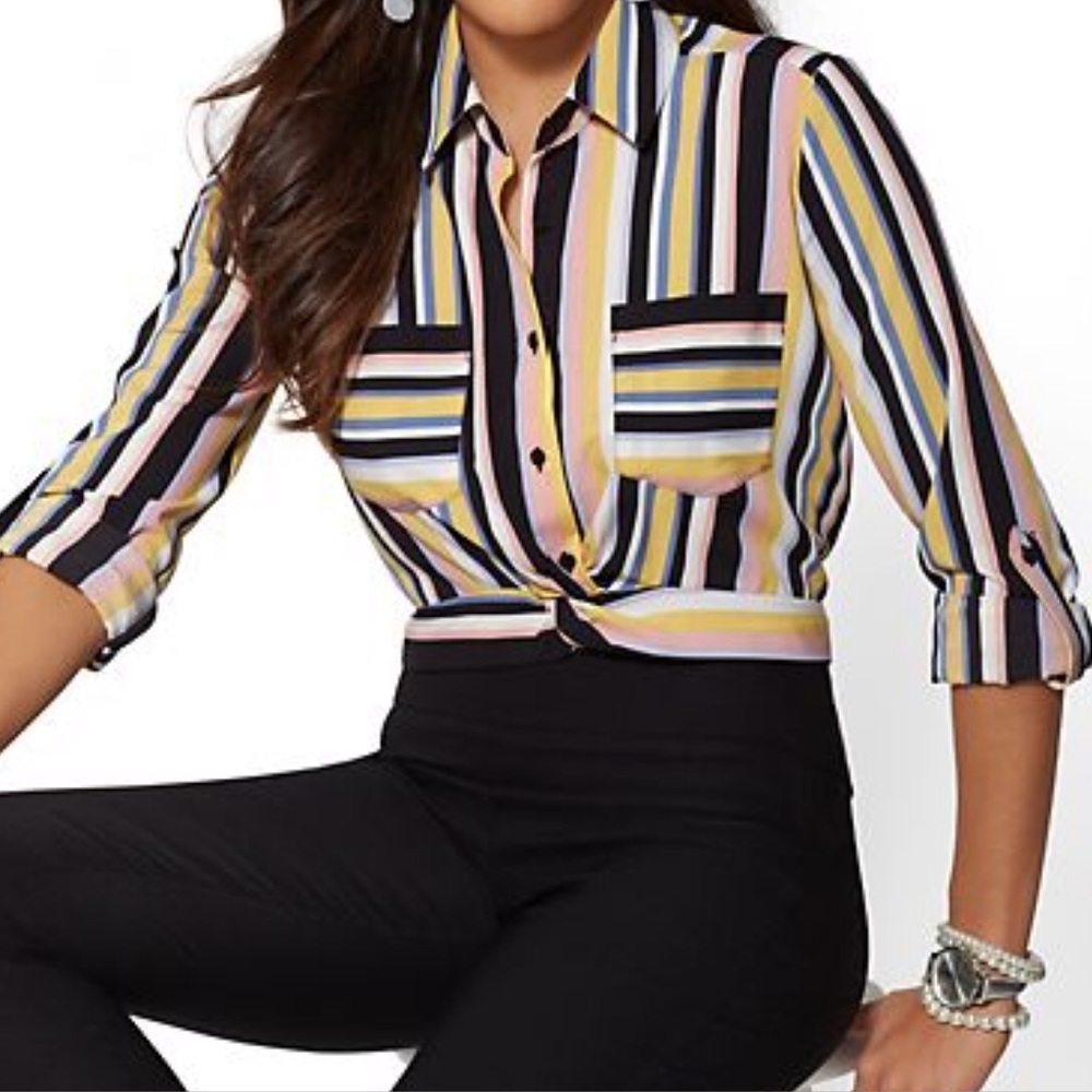 NY & Co Striped fashionable front knot crop blouse